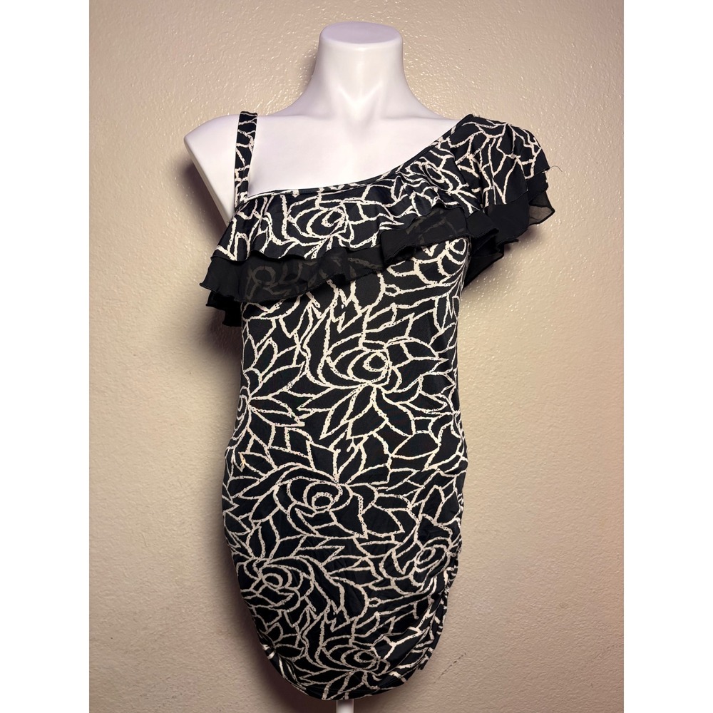 Y2K Blue Sketch One Shoulder Floral Ruffle Mini Dress Rose Bodycon S #11